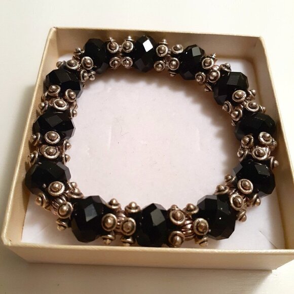 Black Silver Tone Bead Stretch Bracelet - Picture 2 of 3